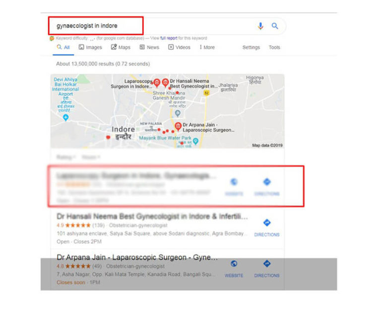 first page google ranking of gynaecologist in indore