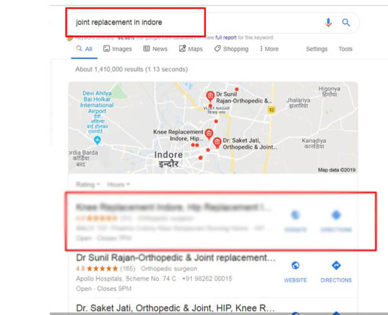 first page google ranking of orthopaedic surgeon in indore