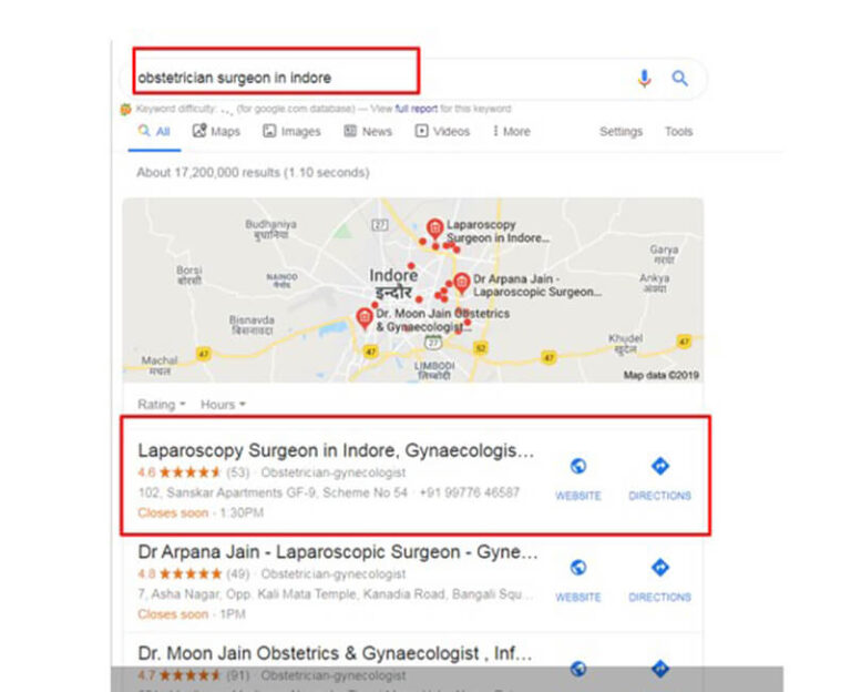 first page google ranking of obstetrician