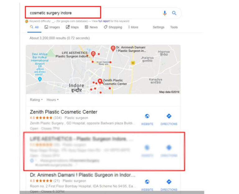 first page google ranking of cosmetic surgeon