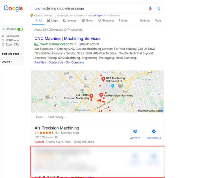 first page google ranking of industrial website in canada
